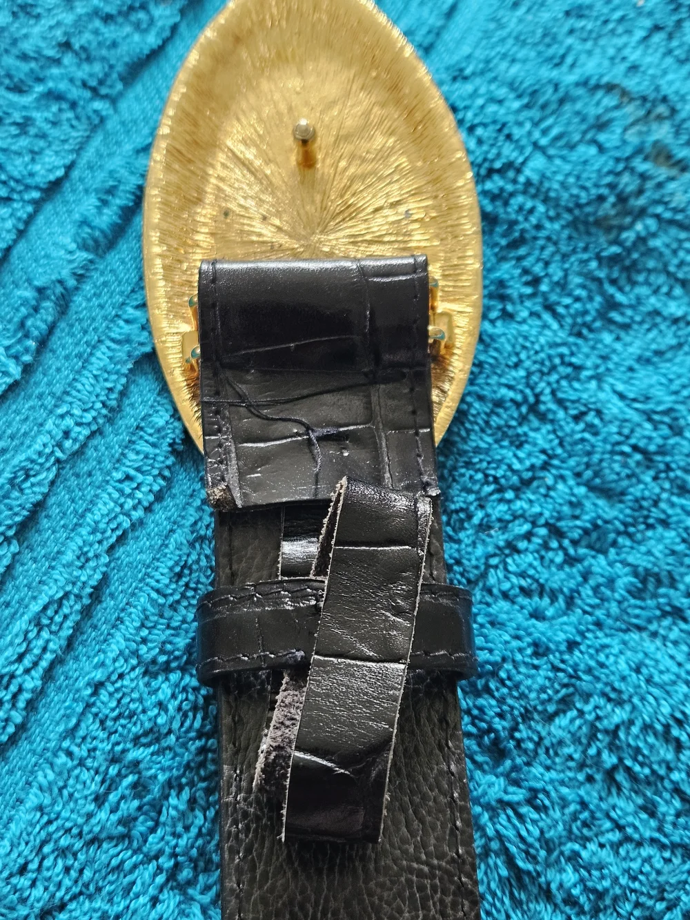 Black Croc-Embossed Leather Belt with Brass Oval Buckle